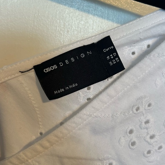 ASOS Design Curve eyelet v-neck smock dress with puff sleeves in white - size 12 - Picture 3 of 4